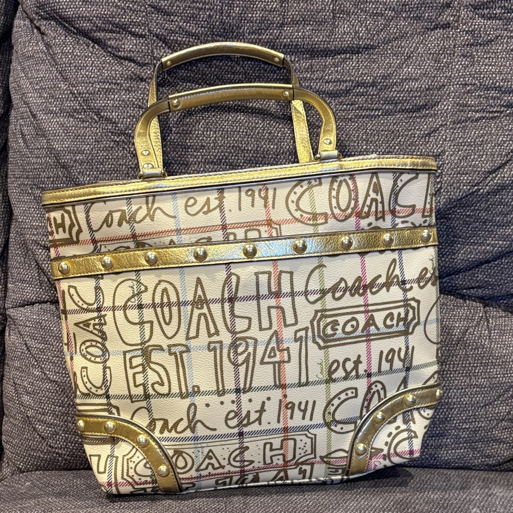 Coach Heritage Tattersall Graffiti Gold Tote Bag - Picture 3 of 12